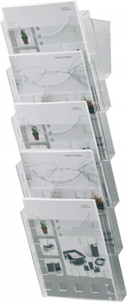 Prospekthalter f. Wand, 5 Fächer DIN A4 hoch, glasklar, Polystyrol, 241x578mm