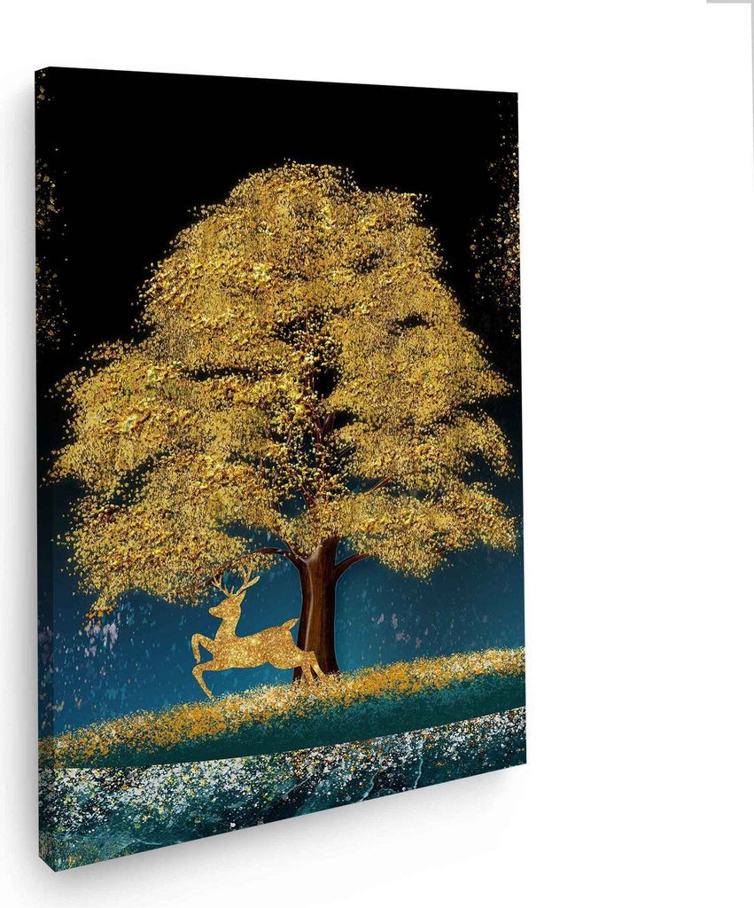 Wandbild Leinwandbild Baum mit Hirsch in Gold Kunstdruck XXL Wanddeko: 40x60x2cm