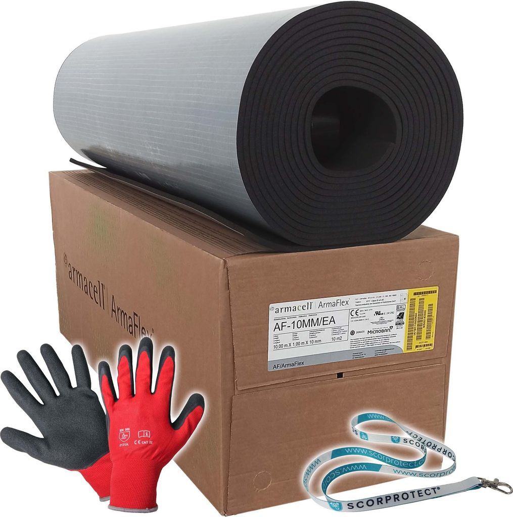 10 mm Armacell Armaflex AF Kautschuk Platten selbstklebend + rote Handschuhe CAT 2 + Scorprotect Schlüsselband : Isolierstärke 10 mm, 1000 x 10...