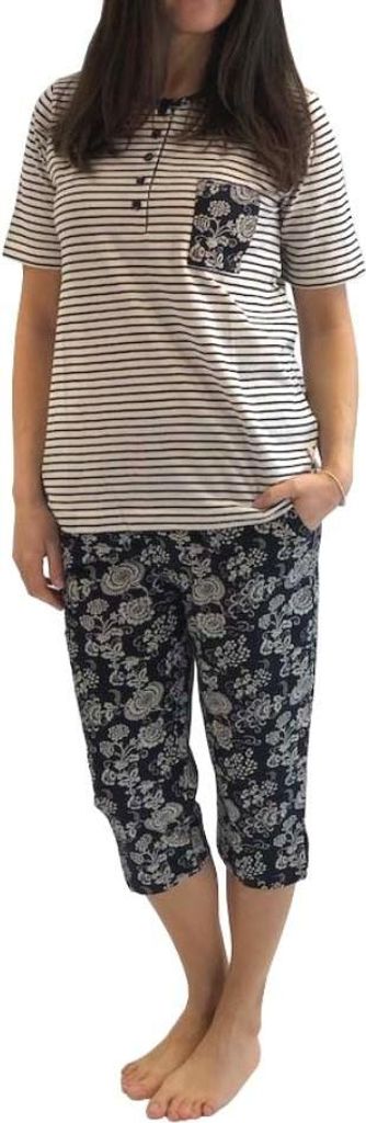 Normann Damen Capri-Pyjama kurzarm, Oberteil gestreift, Capri-Hose mit Blümchenmuster 191 204 90 881 ; creme , 40