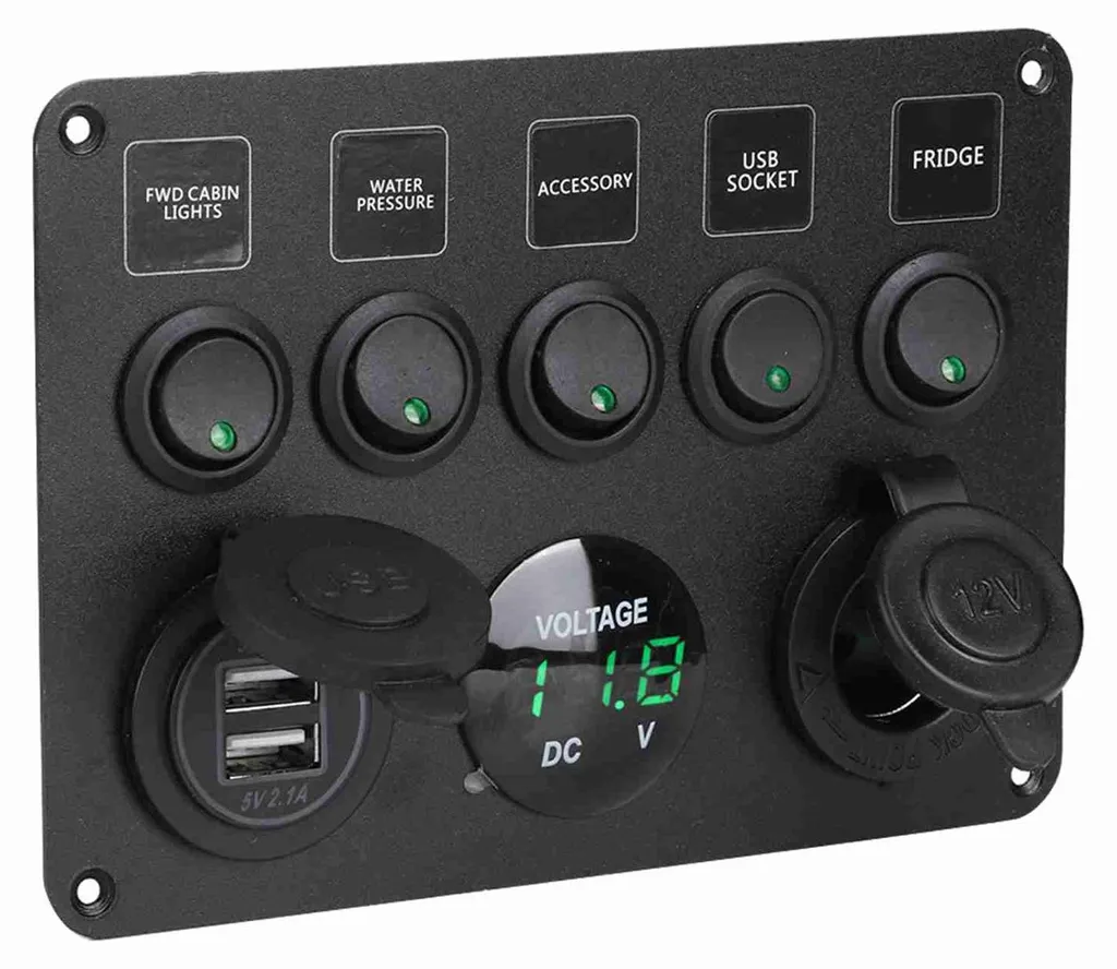 Tableau de bord électrique 5 interrupteurs LED vert et voltmètre intégré