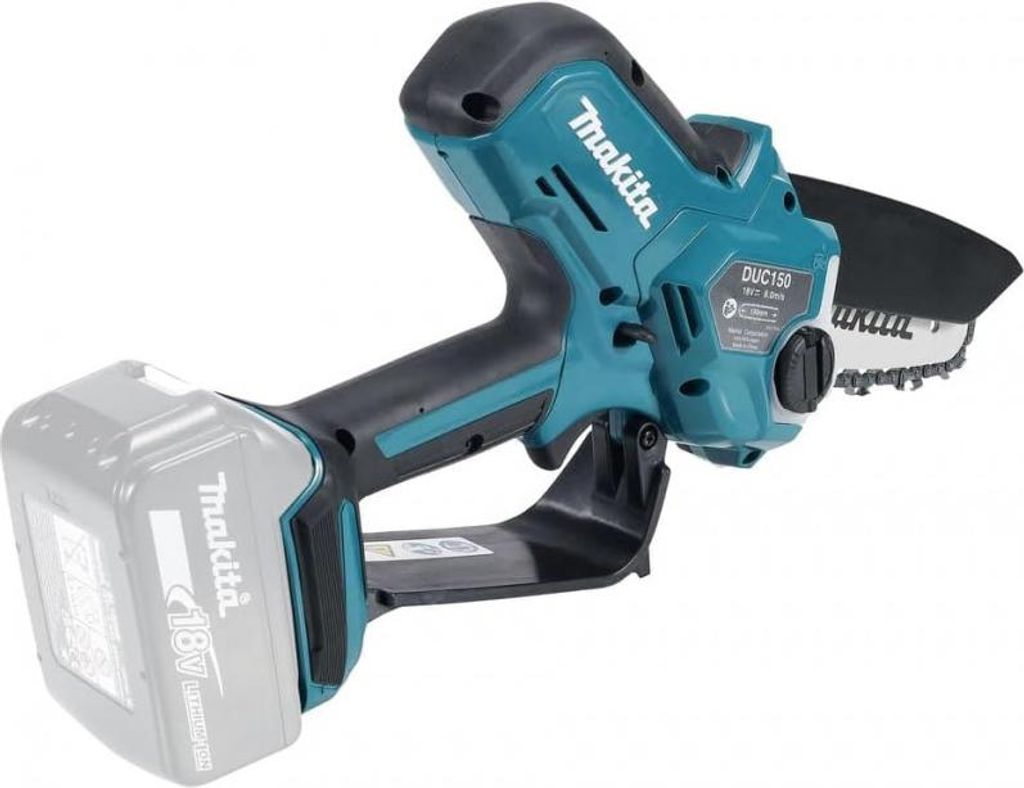 A cordless chainsaw with a battery pack attached, shown against a white background.