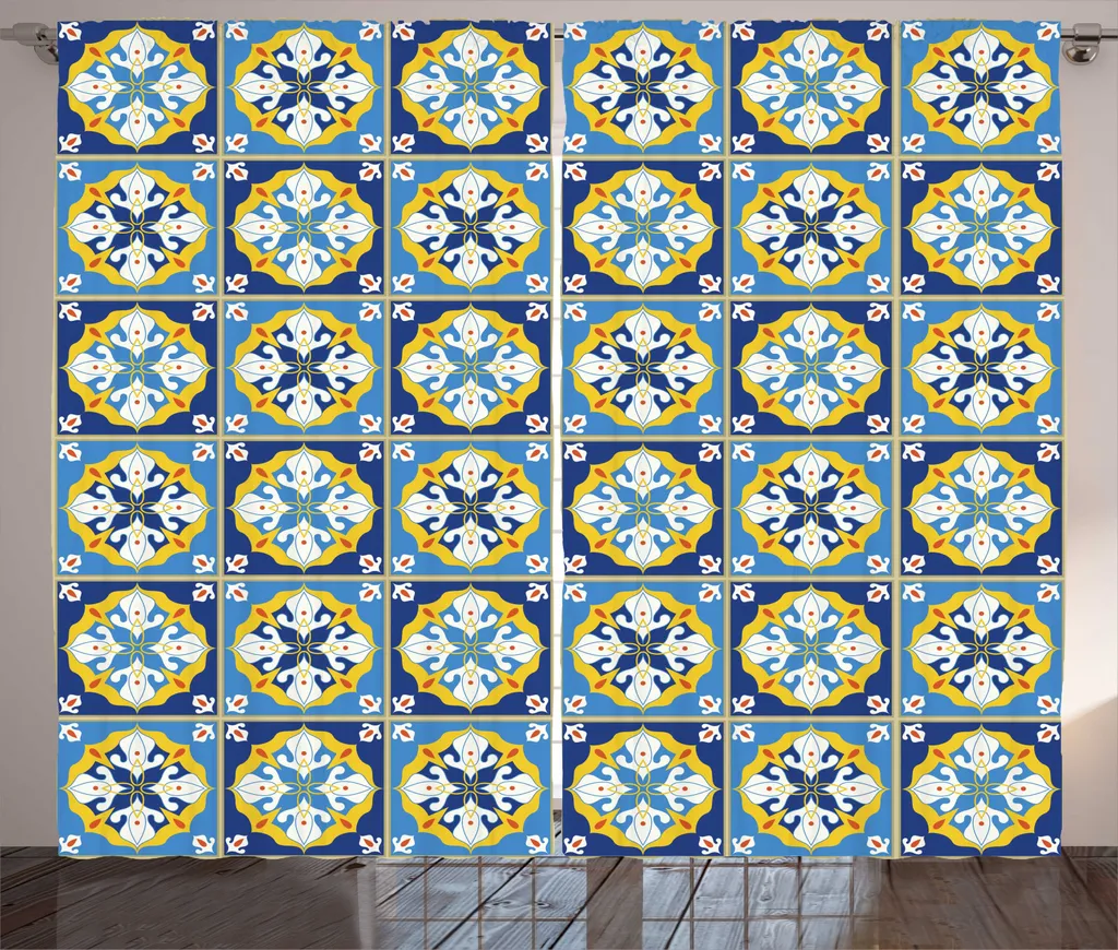 Rideau rustique jaune et bleu ABAKUHAUS 280x225 cm style portugais