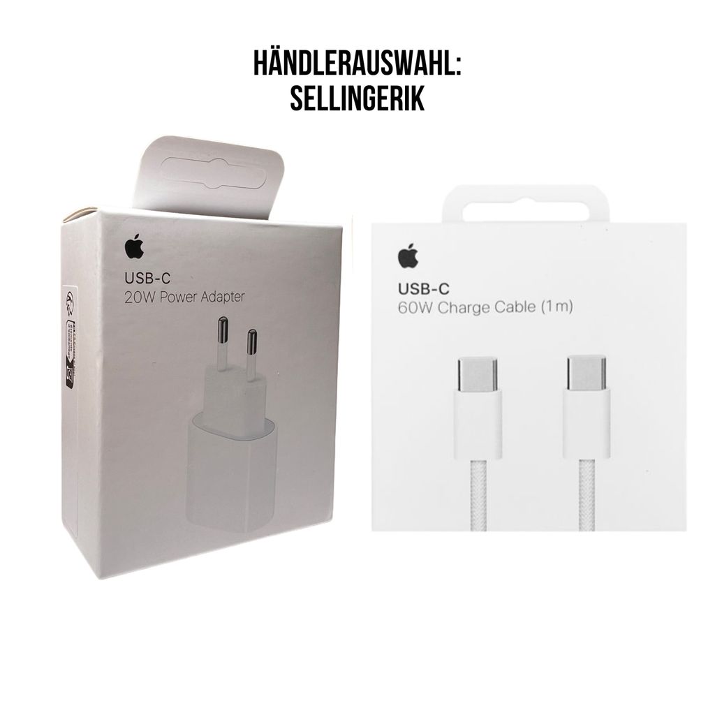 Two Apple product boxes, one showing a 20W USB-C power adapter and the other a 60W USB-C charge cable.