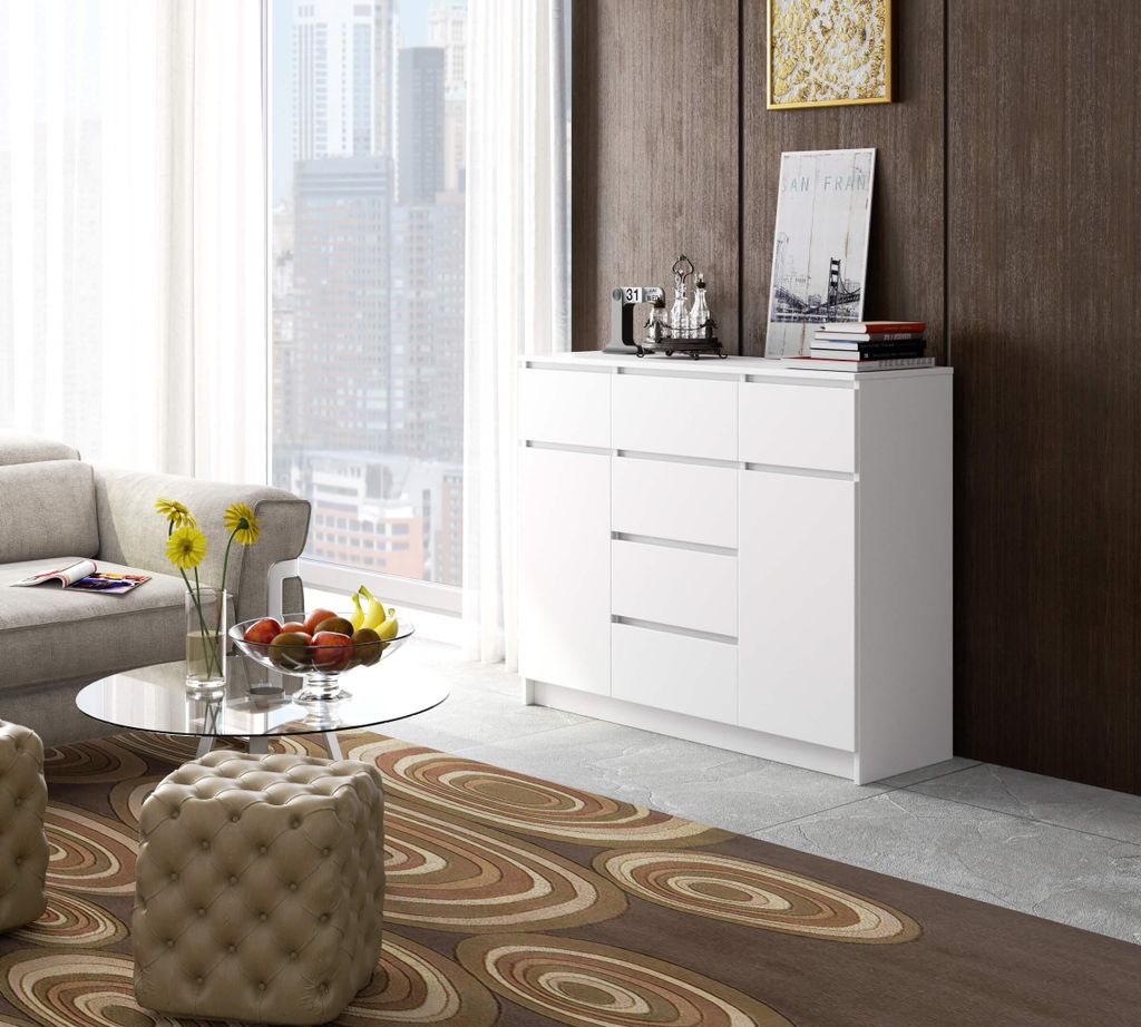 Kommode – Schubladenkommode – Sideboard mit 2 Türen 6 Schubladen – 120 cm – Weiß – Funktionales Design mit viel Stauraum