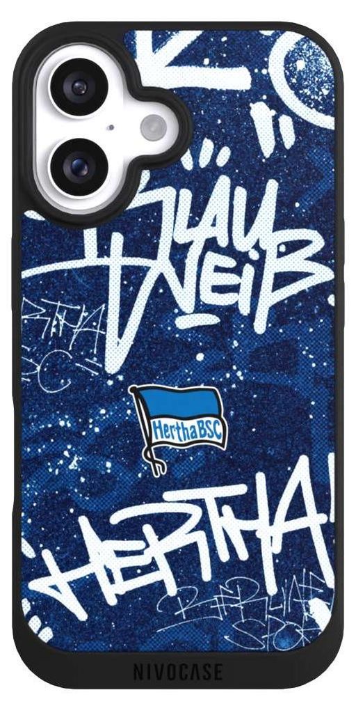 NIVOCASE Handyhülle für Apple iPhone 16 Hülle NIVOpure Case Schwarz Graffiti Hertha BSC Offizielles Lizenzprodukt