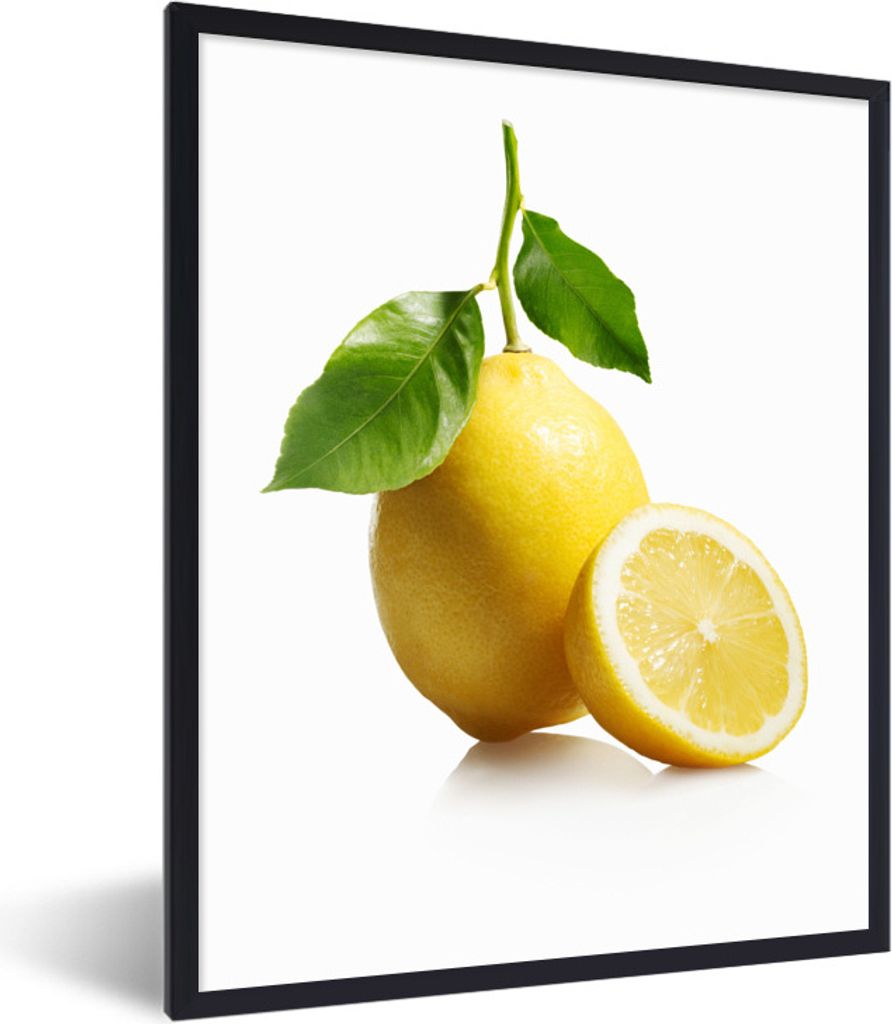 MuchoWow Gerahmtes Poster Zitrone mit Stiel, der eine saftige Scheibe überragt 30x40 cm - Poster mit Schwarzem Bilderrahmen Wandposter Rahmen Fo...