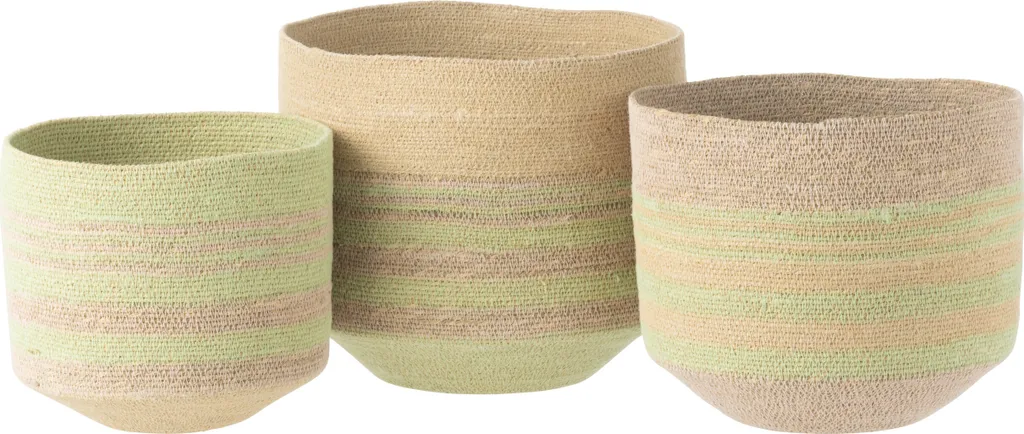 J-Line Set de 3 paniers Lignes Jute naturel et Vert pour rangement