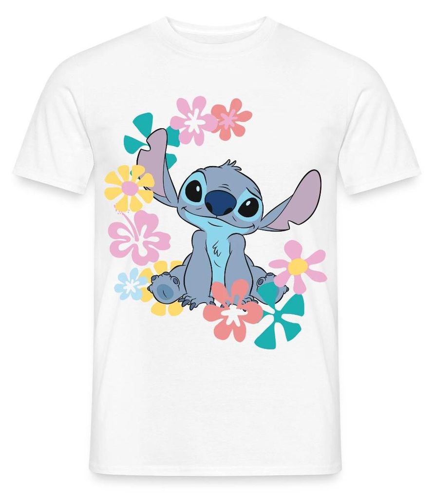 Lilo & Stitch | Stitch Mit Hawaiianischen Blumen Männer T-Shirt, 3XL, Weiß