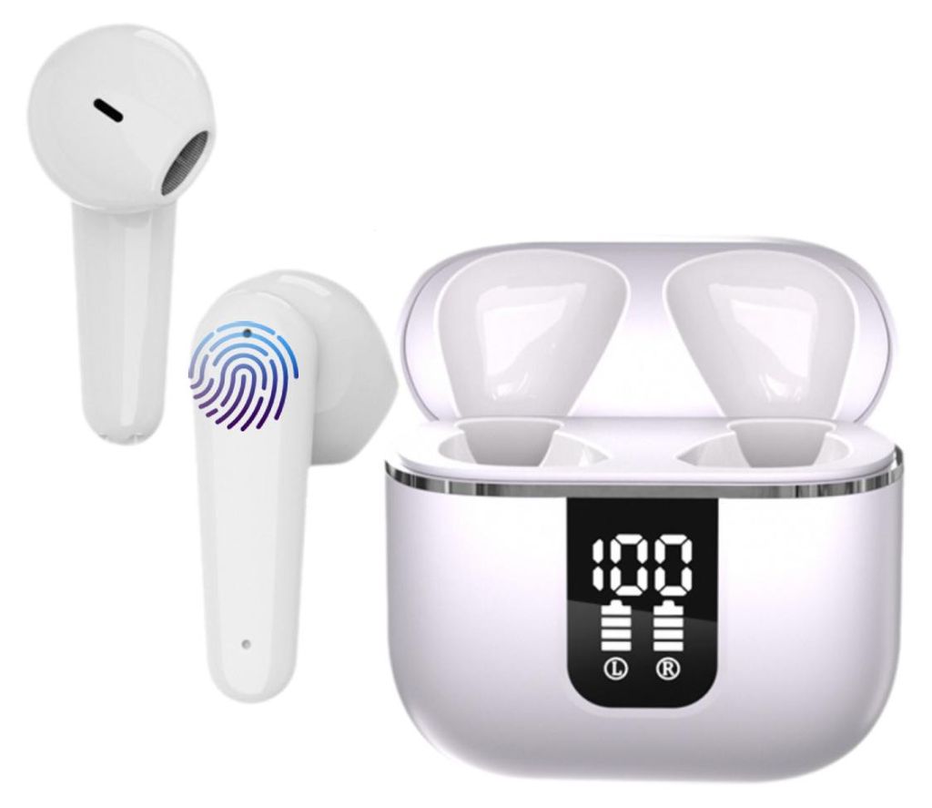 A pair of white wireless earbuds and their charging case are displayed against a white background.