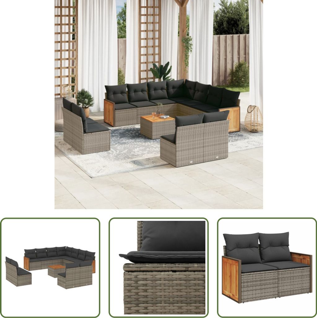 The Living Store 12-tlg. Garten-Sofagarnitur mit Kissen Grau Poly Rattan