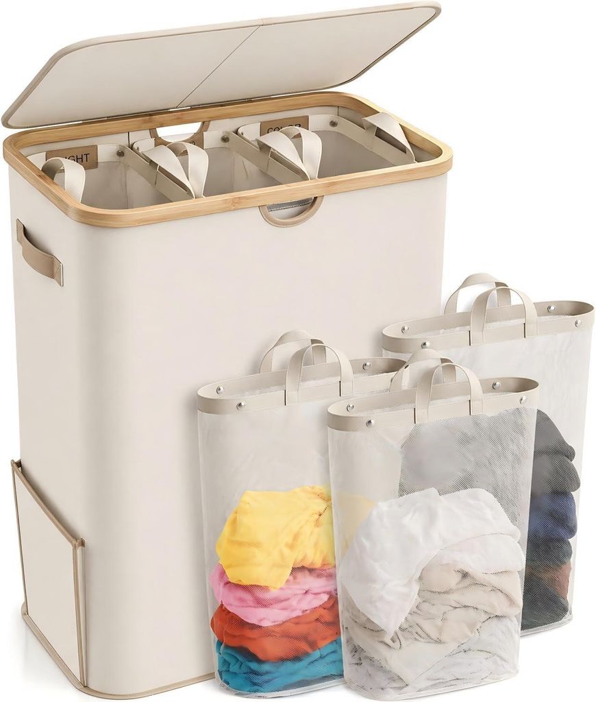 165L Wäschekorb mit Deckel und 3 Fächern, faltbarer Wäschesammler mit herausnehmbarem Wäschesack und stabilem Bambusrahmen, Beige