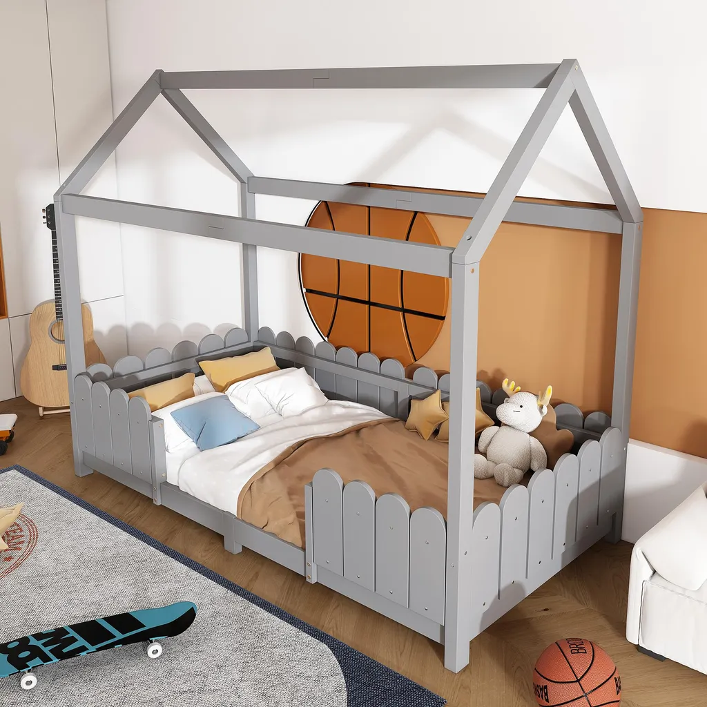 Lit Cabane 90x200 cm : Créez une Chambre Enfant Ludique en Bois Gris Pin