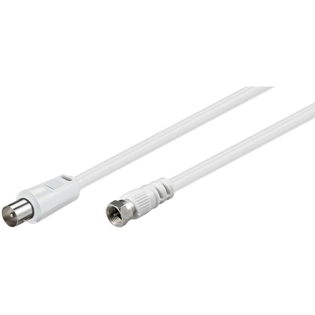 A white coaxial cable with two different connectors on each end, shown against a white background.