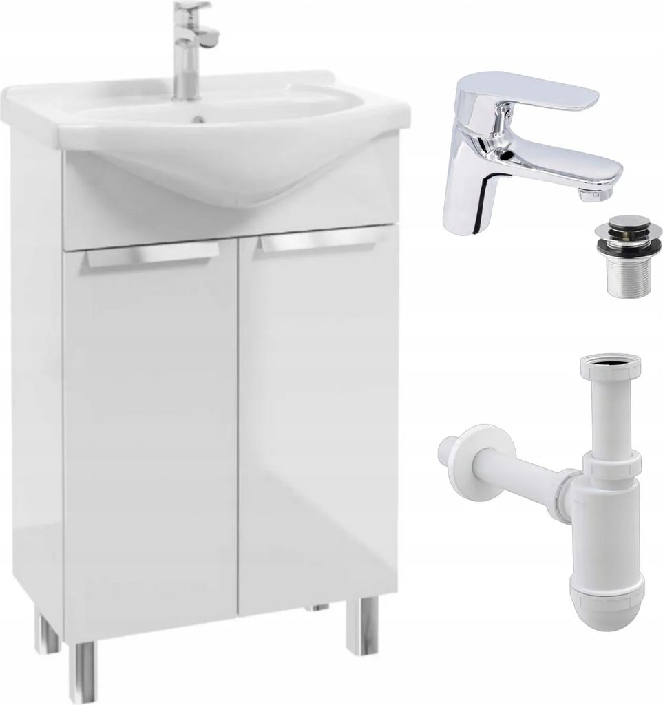 Stamar | Badezimmer-Schränke, mit Waschtisch, Set, Weiß, 50 cm, Stehende, Armatur, Sigma Siphon