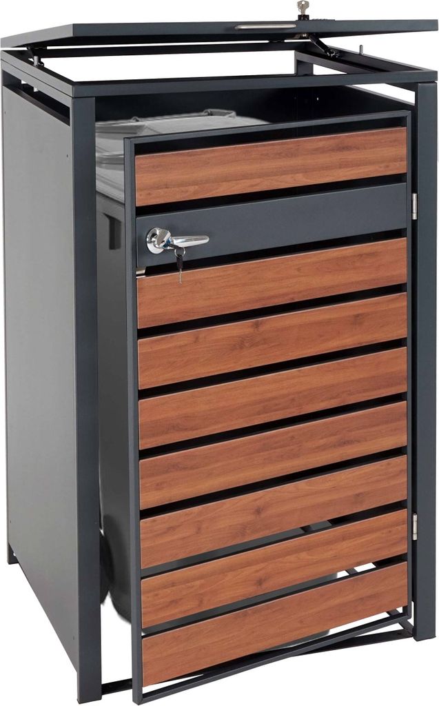 XL 1er/2er-Mülltonnenverkleidung HWC-J81, Mülltonnenbox, Metall 36kg anthrazit Kirsche-Holzoptik dunkelbraun