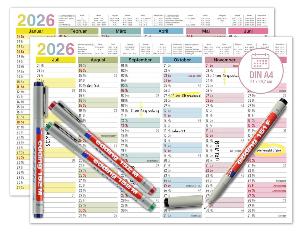 Abwischbarer Wandkalender 2026 A4 - "Bunt" Jahresplaner Produktbild 