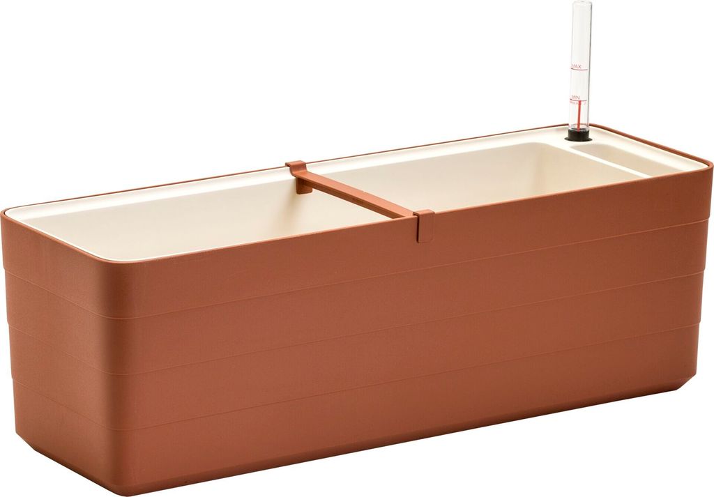 A long planter box with a self-watering system and a water level indicator.