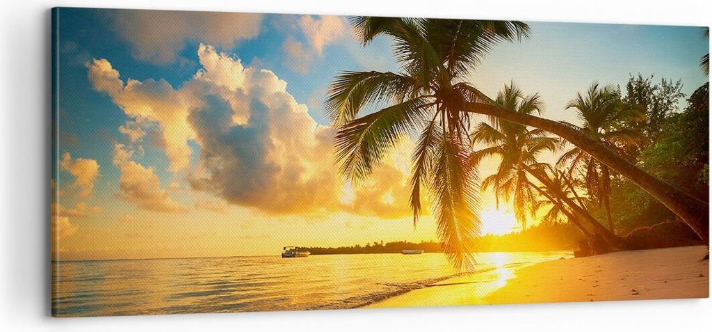 Bild auf Leinwand - Leinwandbild - Meer Strand Palme - 100x40cm - Wand Bild - Wanddeko - Wandbilder - Leinwanddruck - Bilder - Kunstdruck - Wanddek...