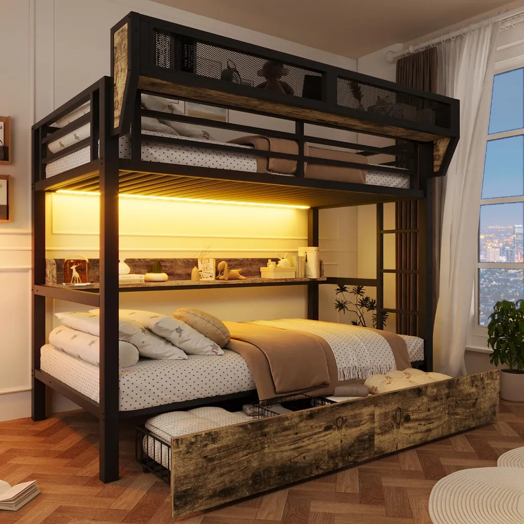Lit superposé enfant 90x200 cm noir avec LED pour chambre partagée étroite