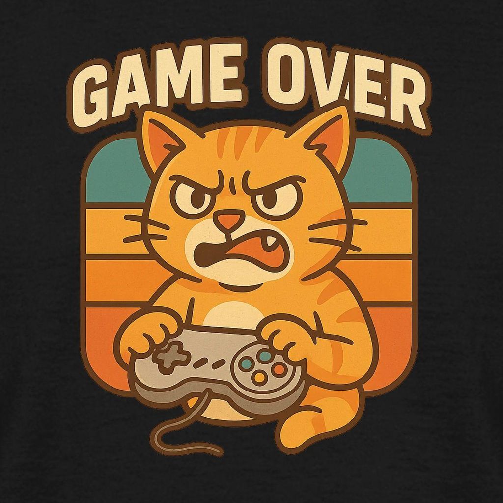 Spreadshirt Game Over | Zockende Katze Männer T-Shirt, L, Schwarz