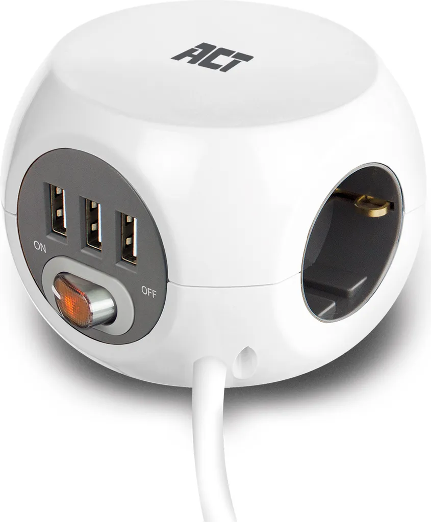ACT AC2405 Prise cubique triple avec 3 ports USB et câble de 1,5m