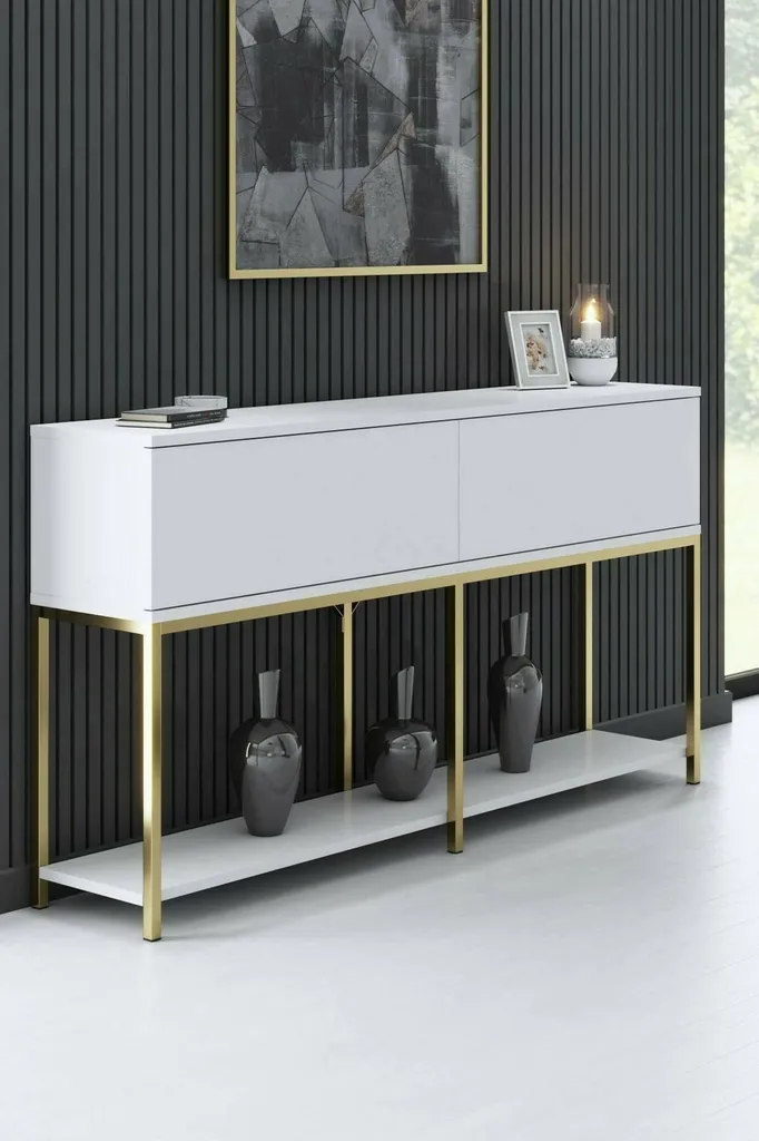 Buffet 150x30x80h cm Blanc Basilia à 2 Étagères Structure Renforcée