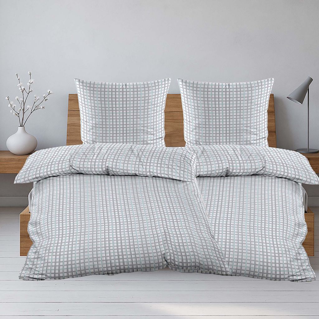 Modische Seersucker Bettwäsche im Karo-Design Weiß Grau Mint – 100% Polyester, 135x200/80x80 cm