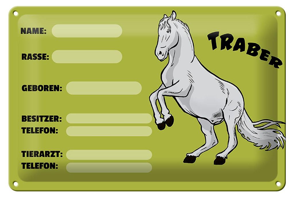 Blechschild Pferd 30x20cm Traber Angaben Name Besitzer