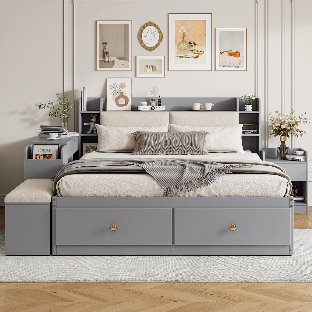 Lit double combiné gain de place 140x200, bois gris avec rangements - 2