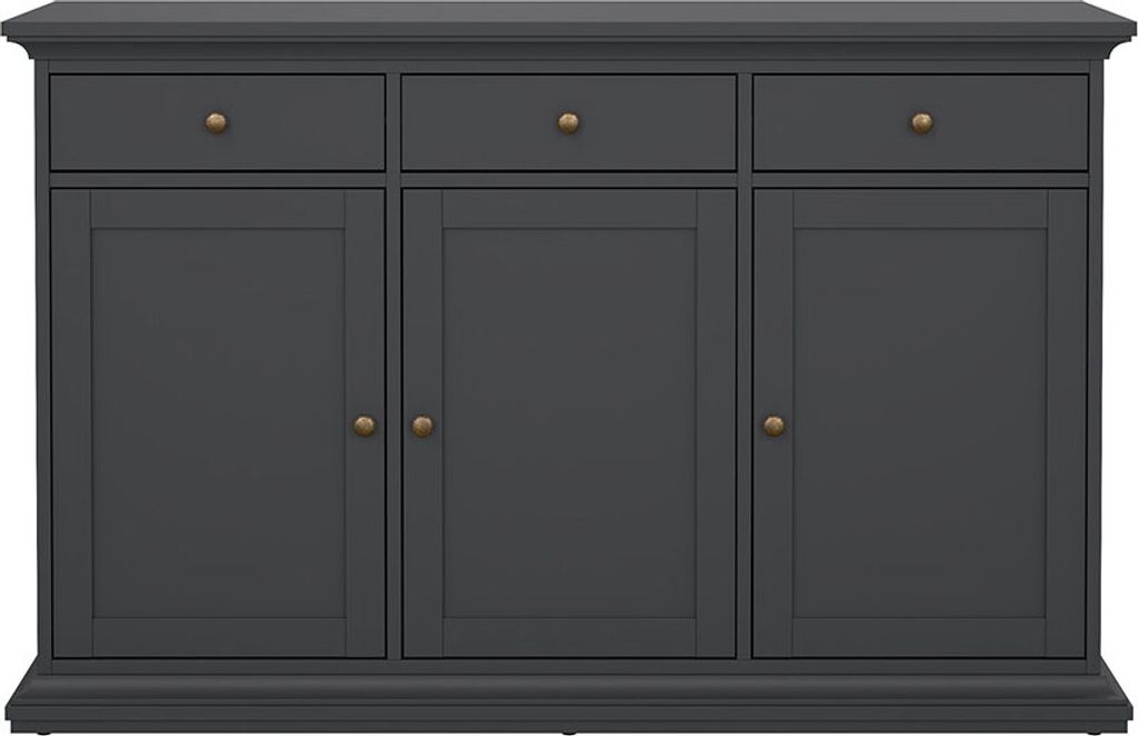 A dark gray sideboard with three doors and three drawers, set against a white background.