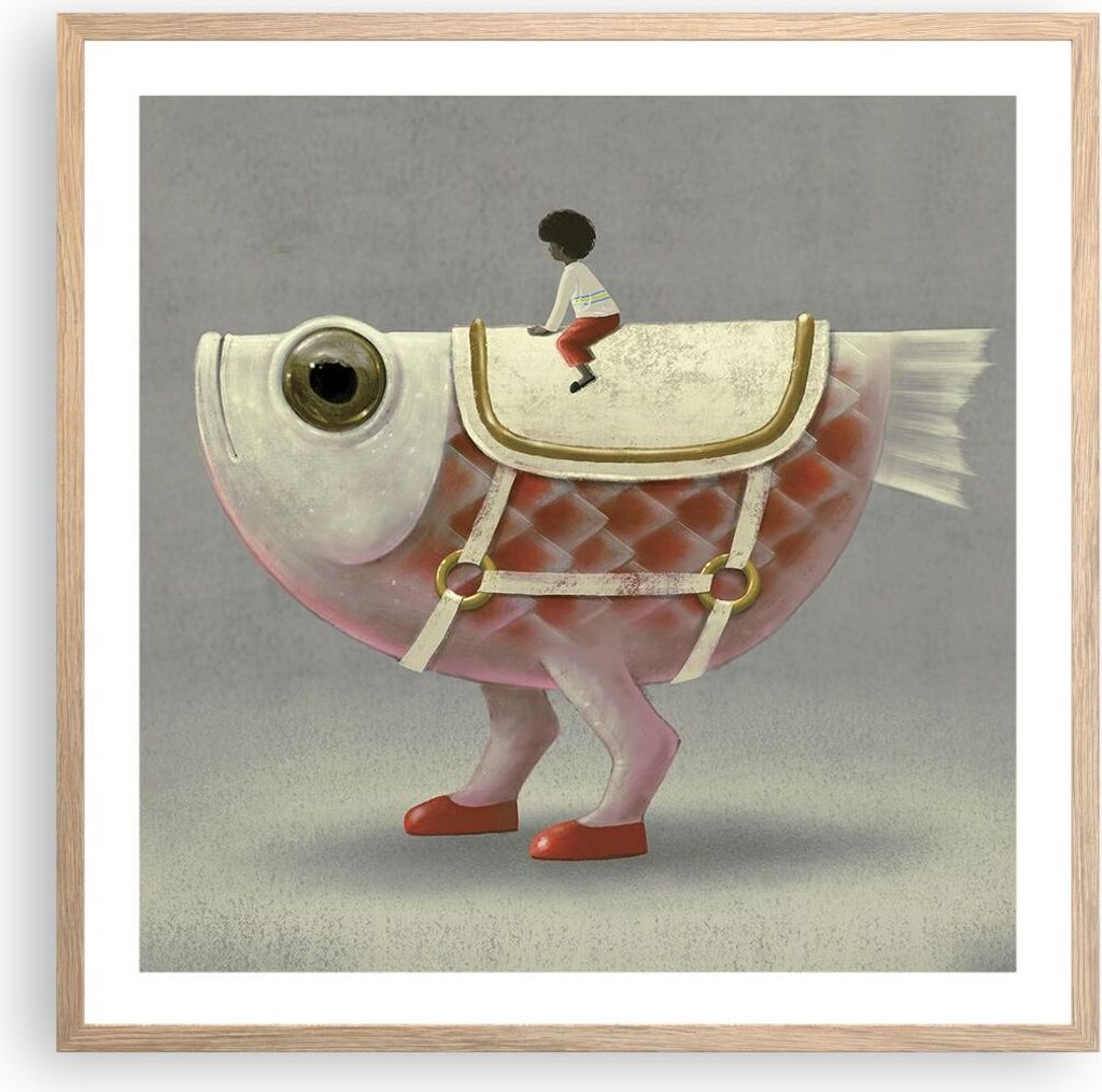 Gerahmtes Poster - Rahmen in heller Eiche - Surreal Fisch Kind - 60x60 cm - Wand Bild - Wanddeko - Wandbilder - Kunstposter - Wandposter - Bilderra...