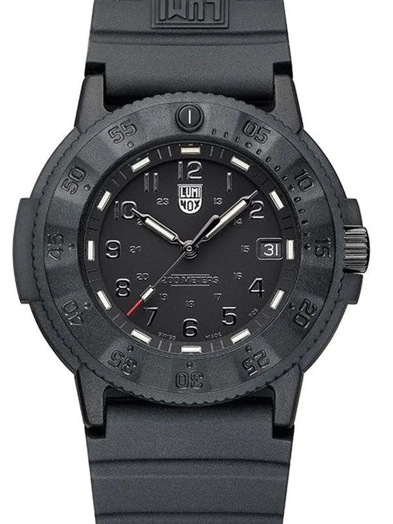 A black Luminox watch is shown against a white background.