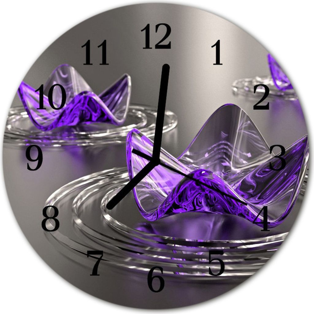 Glasuhr Wanduhr Küchenuhr Echt-Glas 30fi cm Glasblumen violett