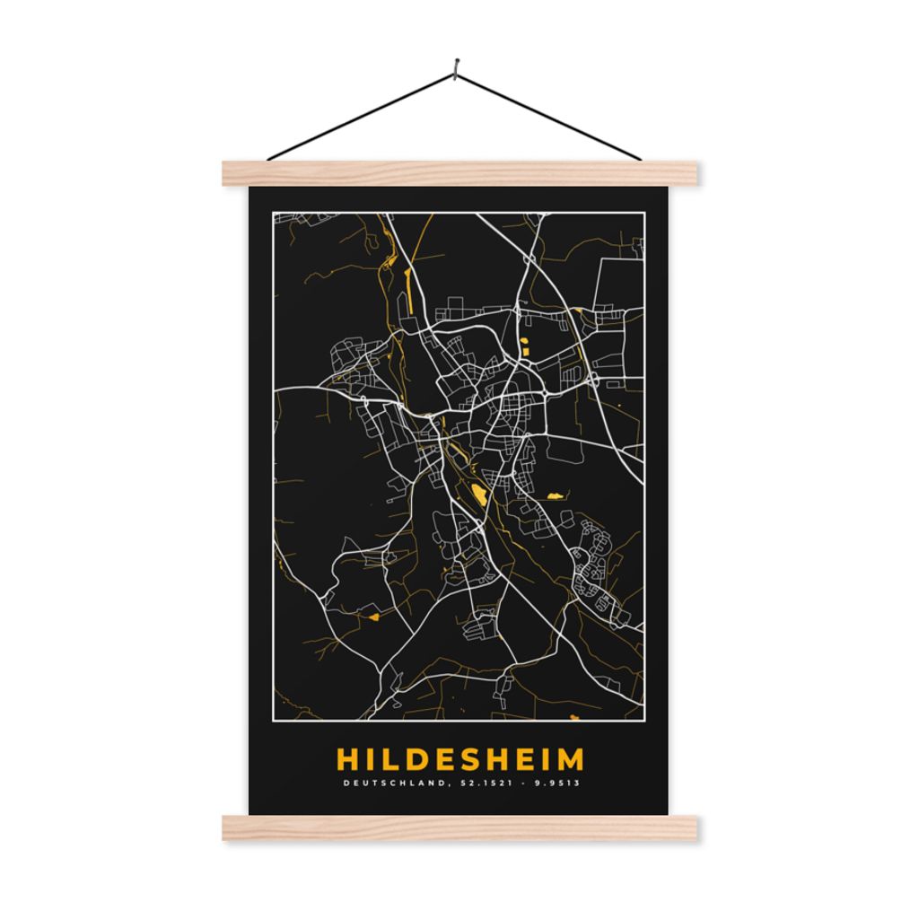 MuchoWow Textilposter Hildesheim - Gold - Stadtplan - Karte - Deutschland 60x90 cm mit holzfarbenen Rahmen - Textil