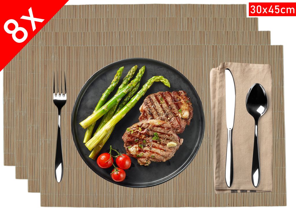 Tischset 8 teilig, Platzdeckchen, Bambus, 30x45cm, 8er Platzset, 8 Tischmatten, Tischset, Platzset, Platzmatten, abwischbar, braun