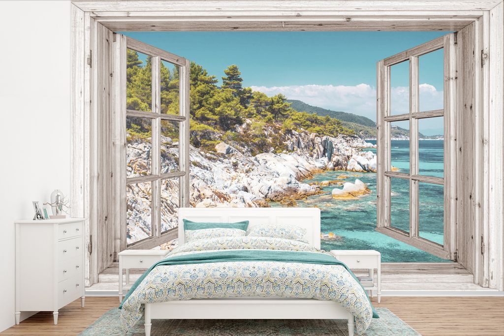 MuchoWow Fototapete für Wohnzimmer oder Schlafzimmer Wandtapete Vinyl Motivtapete Aussicht - Baum - Meer - 330x220 cm - Fototapeten