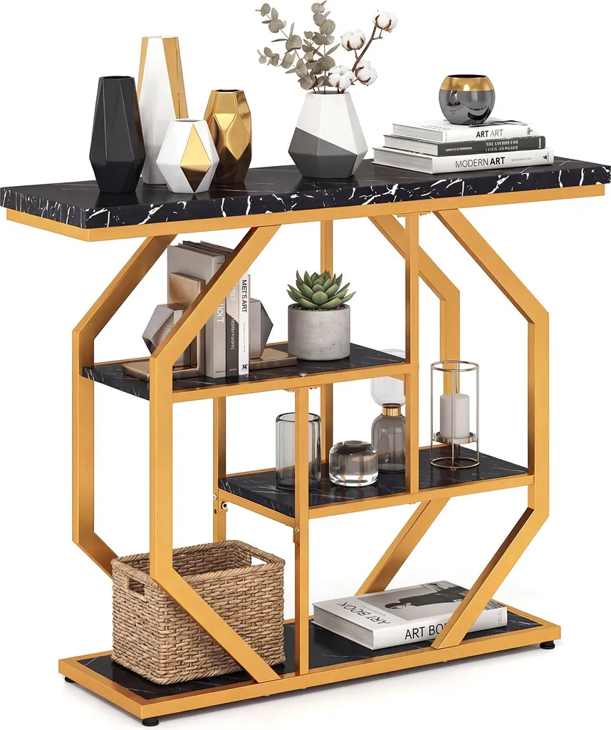 Table console COSTWAY 100 cm aspect marbre et métal avec 4 niveaux