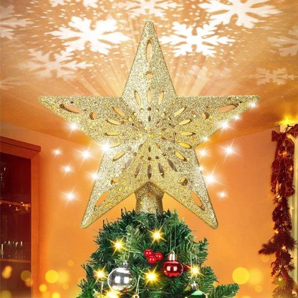 Cime de Sapin Étoile Projecteur LED Dorée pour Décoration de Noël Magic