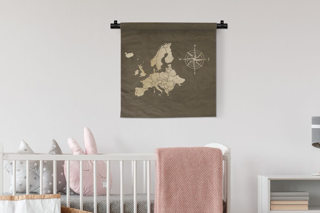 MuchoWow Wandteppich Wandbehang Europa-Karte - Vintage - Windrose 60x60 cm Tapisserie Dekoration Wandtuch - Dekorationen - Wand Decke