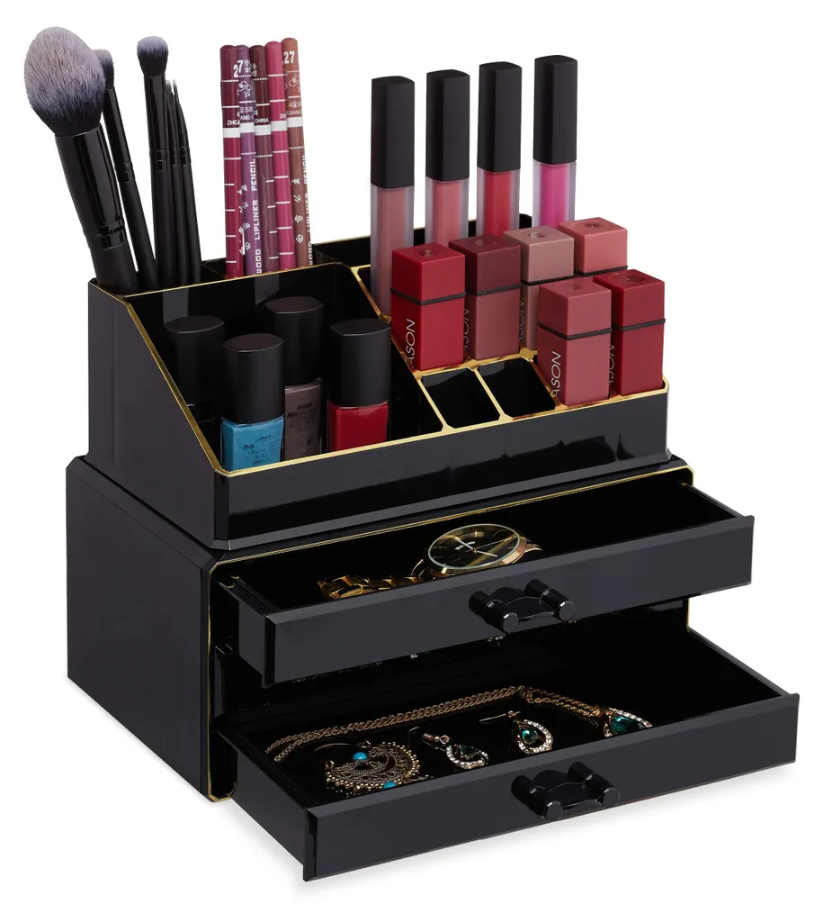 Rangement maquillage 2 pièces noir et doré avec tiroirs empilables