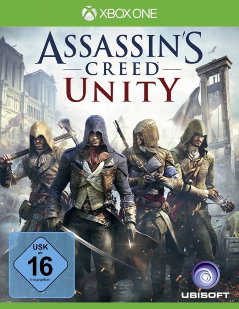 The cover art for the video game Assassin's Creed Unity, featuring four characters in historical attire, with a guillotine in the background.