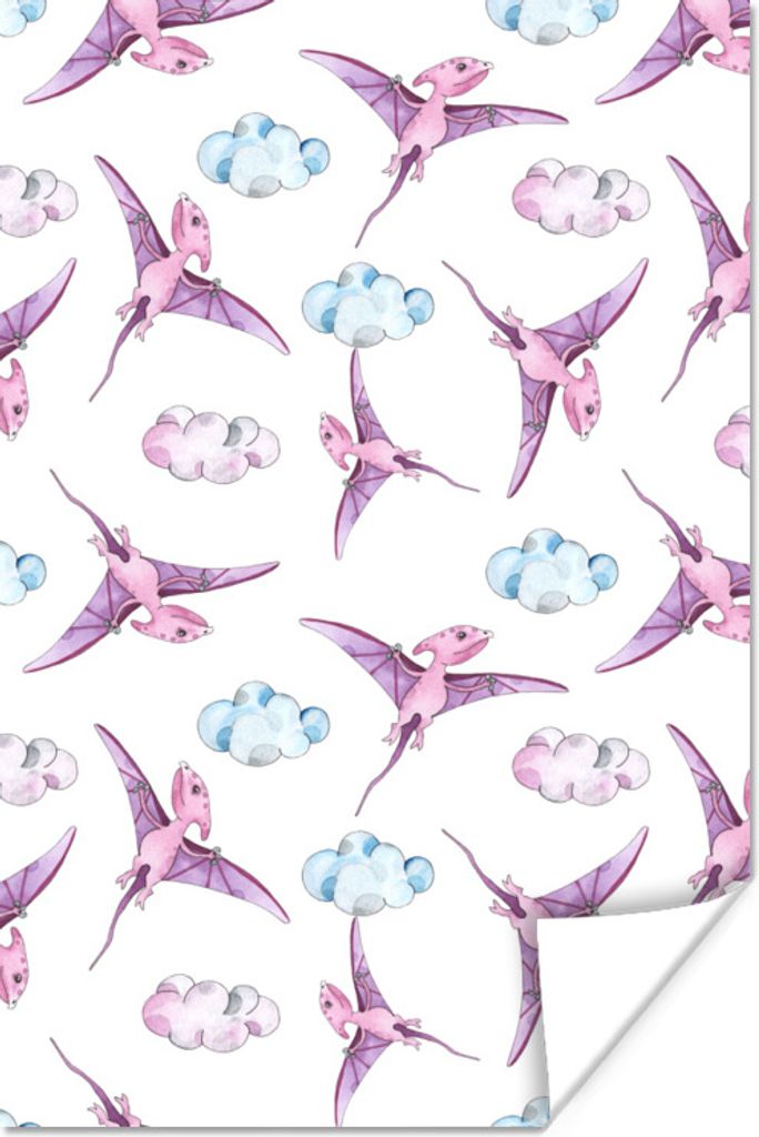 MuchoWow Poster Dinosaurier - Muster - Kinderzimmer - Mädchen - Kinder - Rosa - Kinder 120x180 cm - Kunstposter