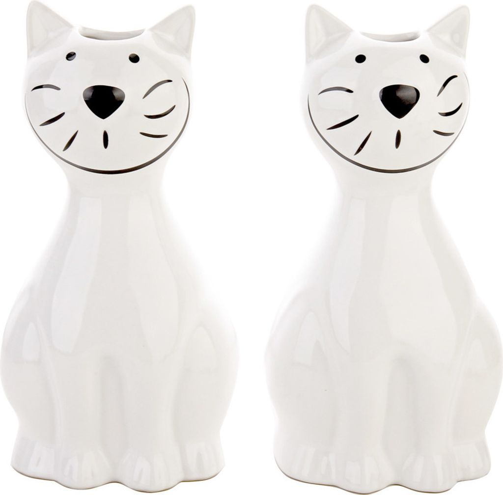 Two white ceramic cat-shaped humidifiers are shown side-by-side against a white background.