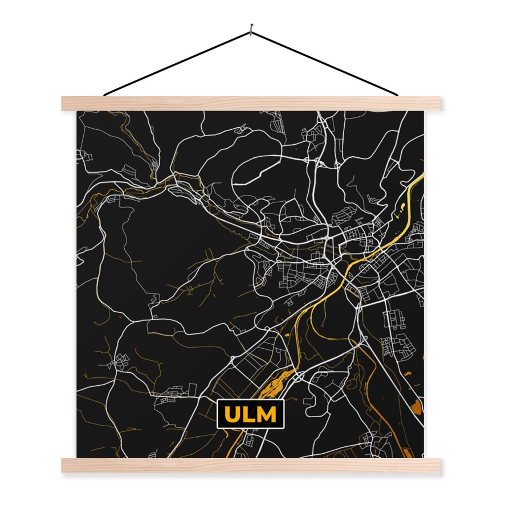 MuchoWow Textilposter Ulm - Gold - Stadtplan - Karte - Deutschland 40x40 cm mit holzfarbenen Rahmen - Posterleiste