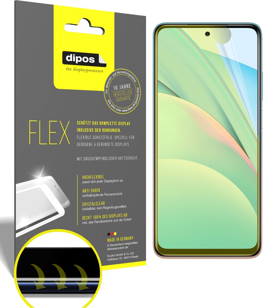 2x Schutzfolie für Xiaomi Mi 10T Lite Folie, 100% Displayabdeckung, dipos Flex