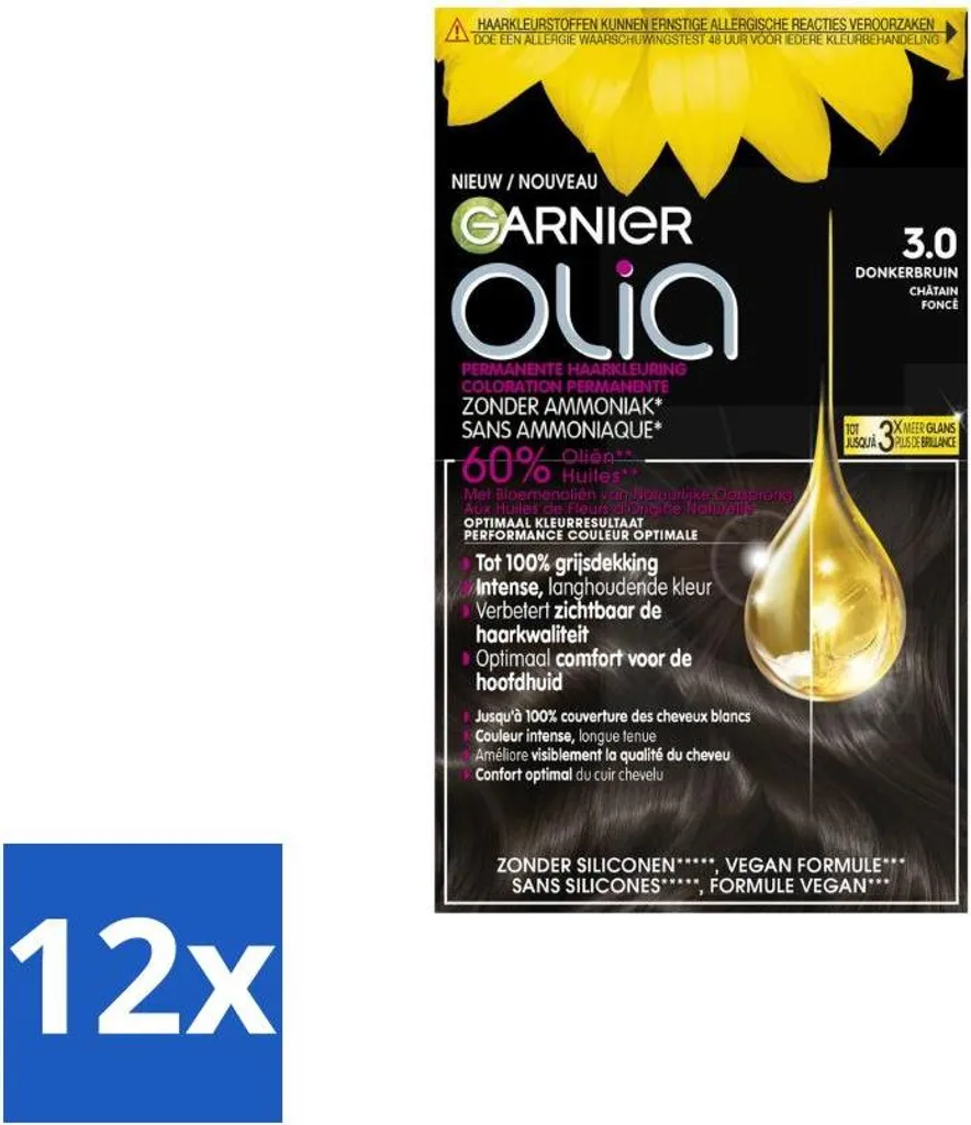Garnier - Olia 3 - Tinta per capelli - Castano scuro - Senza ammoniaca - Colore intenso e duraturo - 100% copertura del grigio - Value pack - 12 pezzi