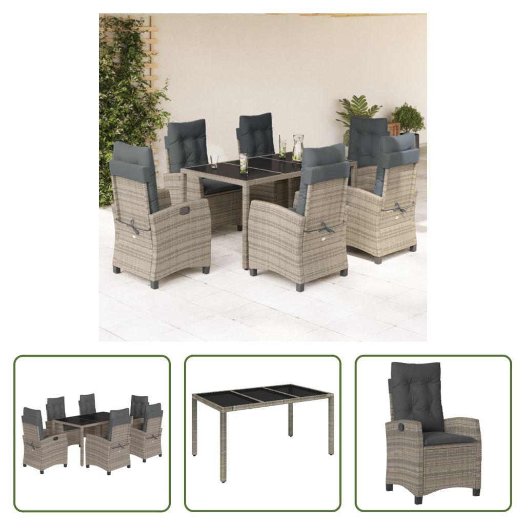 The Living Store 7-tlg. Garten-Essgruppe mit Kissen Grau Poly Rattan