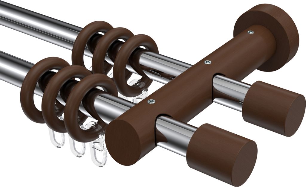 Interdeco Gardinenstange / Vorhangstange Chrom / Nussbaum lackiert, Typ Talena Feta (Kappe), 20 mm Ø 2-läufig, 240 cm