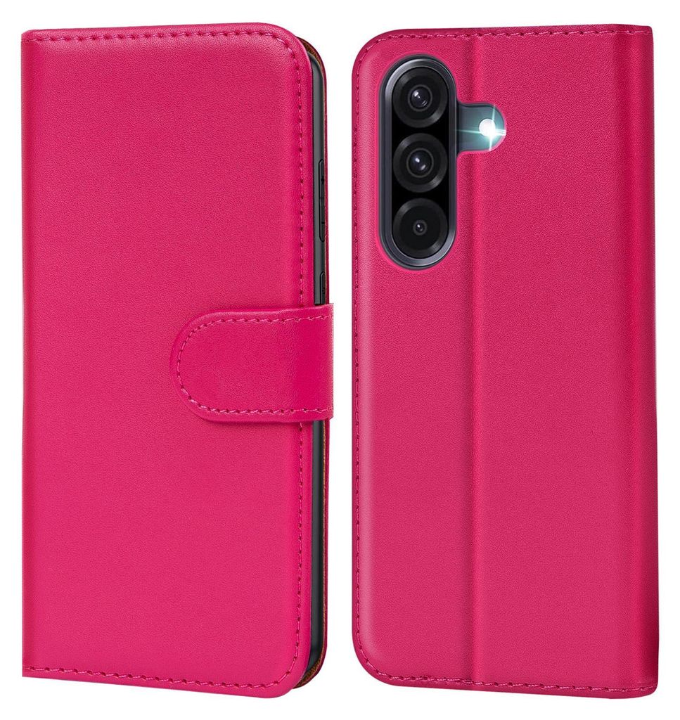 A pink book-style phone case is shown from the front and back.